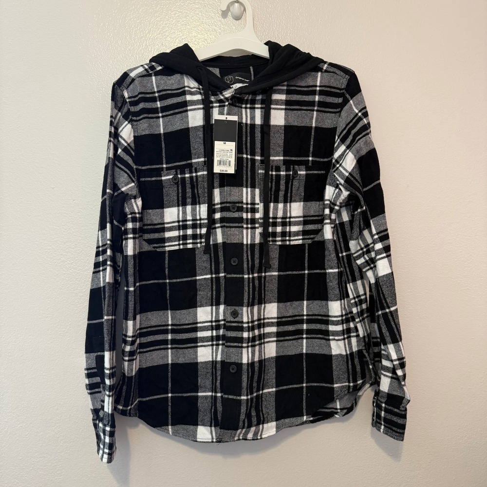 Original Use Mens Black White Plaid Hooded Flannel Shirt Jacket NWT Size M
